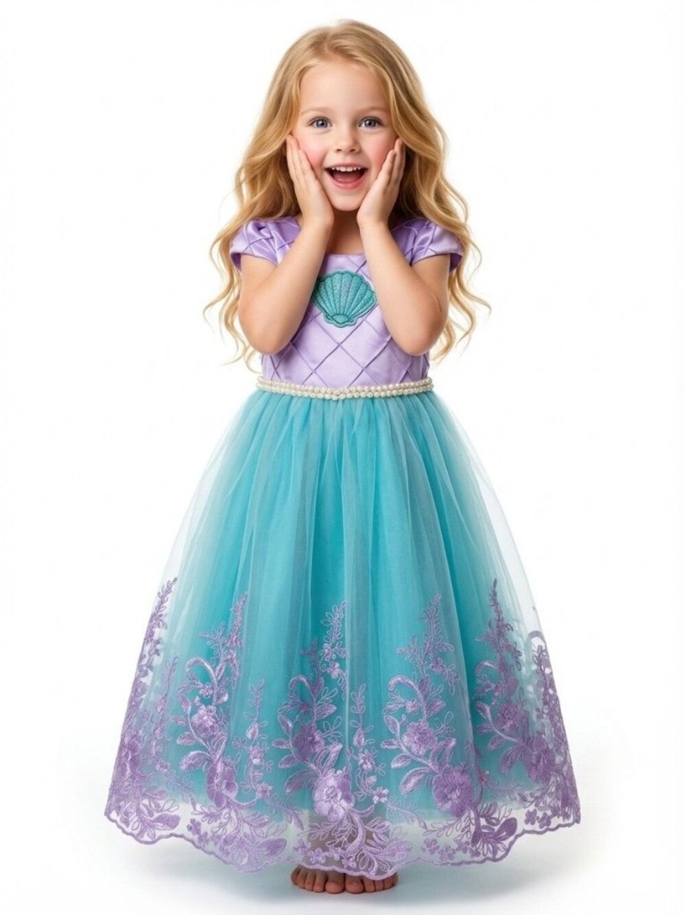Girls Little Mermaid Inspired Dress, Turquoise and Lavender Princess Gown